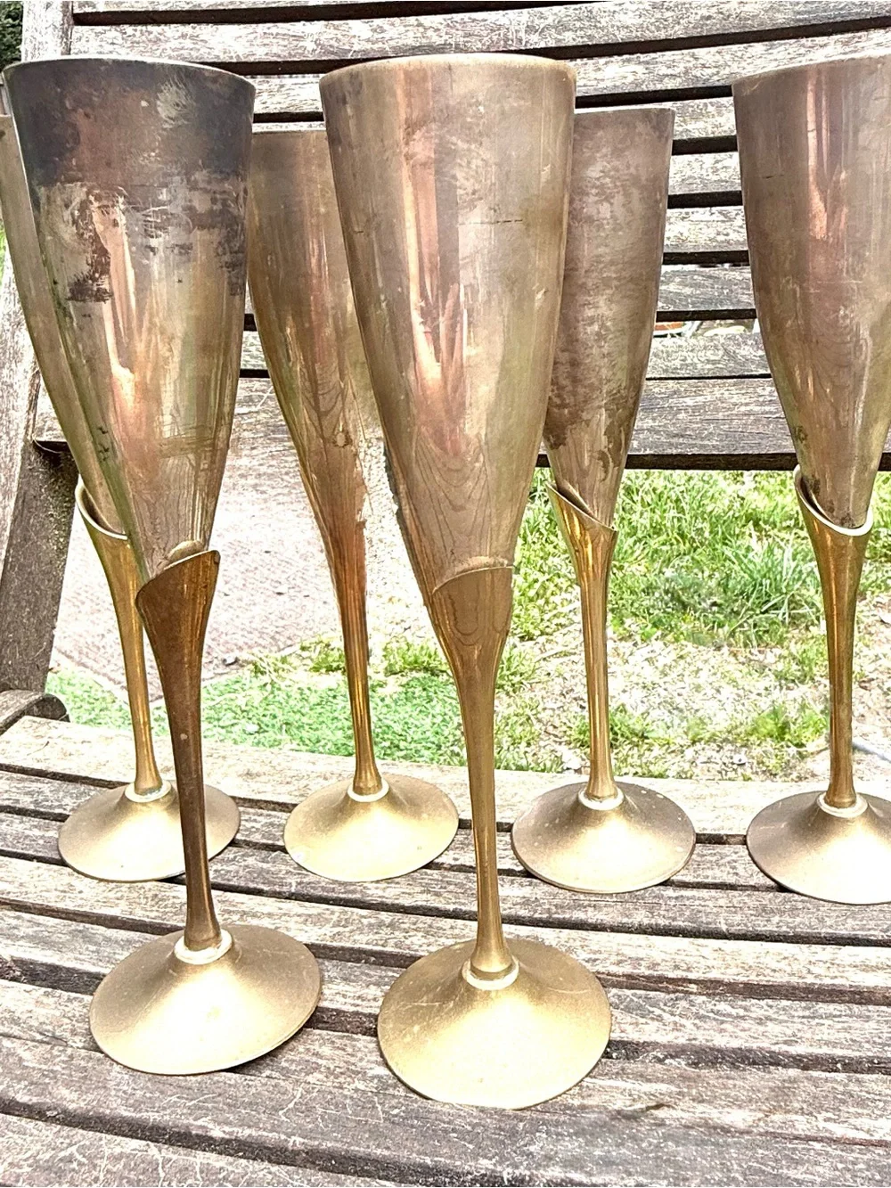 Vintage Six Solid Long Stem Tulip Silver Plate & Brass Champagne Flutes, India